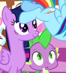Size: 440x492 | Tagged: safe, screencap, rainbow dash, spike, twilight sparkle, alicorn, dragon, pegasus, pony, g4, pinkie pride, eyes on the prize, female, looking at butt, male, mare, out of context, twilight sparkle (alicorn)
