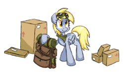 Size: 1108x689 | Tagged: safe, artist:signal15, derpy hooves, pegasus, pony, g4, backpack, box, female, goggles, mailmare, mare, newbie artist training grounds, package, simple background, solo, transparent background