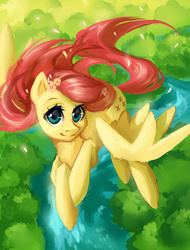 Size: 1785x2345 | Tagged: safe, artist:my-magic-dream, fluttershy, g4, female, flower, flower in hair, flying, looking at you, solo