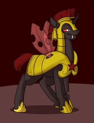 Size: 700x906 | Tagged: safe, artist:foxenawolf, oc, oc only, oc:kirrabek, oc:sterling shield, changeling, fanfic:conversations in a canterlot café, armor, fanfic art, red changeling, royal guard armor, solo