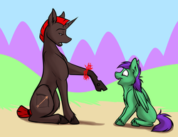 Size: 1000x773 | Tagged: safe, artist:foxenawolf, oc, oc only, oc:red archer, changeling, pegasus, pony, unicorn, fanfic:conversations in a canterlot café, changeling magic, fanfic art, fascinated, frown, open mouth, outdoors, red changeling, sitting, smiling, transformation, unshorn fetlocks, wide eyes