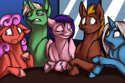 Size: 700x467 | Tagged: safe, artist:foxenawolf, oc, oc only, oc:airbrush (foxenawolf), earth pony, pegasus, pony, unicorn, fanfic:conversations in a canterlot café, fanfic art, female, floppy ears, male, mare, stallion, unshorn fetlocks