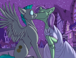 Size: 1000x773 | Tagged: safe, artist:foxenawolf, oc, oc only, oc:lavender dreams (goldfur), oc:whirring cogs, pegasus, pony, unicorn, fanfic:change of life, broken horn, clothed female nude male, clothes, disguise, disguised changeling, dress, duo, fanfic art, female, horn, kiss on the lips, kissing, male, night, spread wings, surprise kiss, unshorn fetlocks