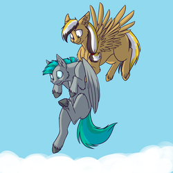 Size: 1000x1000 | Tagged: safe, artist:foxenawolf, oc, oc only, oc:golden words, oc:whirring cogs, pegasus, pony, fanfic:change of life, cloud, disguise, disguised changeling, duo, fanfic art, female, flying, male, mare, stallion, unshorn fetlocks, wings