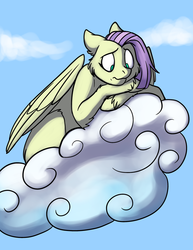 Size: 700x906 | Tagged: safe, artist:foxenawolf, oc, oc only, oc:dandelion dreams, pegasus, pony, fanfic:growing up dandy, cloud, cloudy, fanfic art, floppy ears, solo, unshorn fetlocks