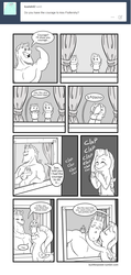 Size: 3085x6467 | Tagged: safe, artist:raph13th, bulk biceps, fluttershy, comic:built for power, g4, ask, black and white, cheek kiss, comic, female, grayscale, kissing, male, puppet, ship:flutterbulk, shipping, straight, tumblr