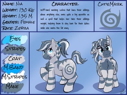 Size: 1030x776 | Tagged: source needed, useless source url, safe, artist:kassc, oc, oc only, oc:nia, zebra, both cutie marks, chest fluff, chubby, cutie mark, fat, female, forelegs crossed, front view butt, hairband, ponytail, reference sheet, solo, tongue out, wide hips