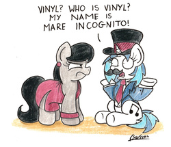 Size: 1610x1384 | Tagged: safe, artist:bobthedalek, dj pon-3, octavia melody, vinyl scratch, earth pony, pony, unicorn, g4, clothes, dress, guy incognito, hat, male, moustache, octavia is not amused, paper-thin disguise, seems legit, suit, the simpsons, top hat, traditional art, unamused