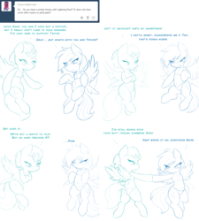 Size: 2560x2848 | Tagged: safe, artist:ambris, lightning dust, rainbow dash, trixie, twilight sparkle, semi-anthro, ask twidash, g4, ask, belly button, bikini, clothes, comic, crossed hooves, dialogue, female, flying, high res, lesbian, lineart, looking at each other, midriff, ship:twidash, shipping, smiling, swimsuit, trixiedust, tumblr