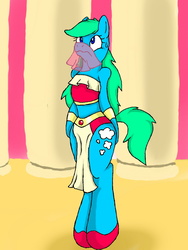 Size: 960x1280 | Tagged: safe, artist:dashingjack, oc, oc only, oc:brainstorm, pony, semi-anthro, belly dancer, bipedal, crossdressing, harem outfit, male, midriff, solo, trap, tube top