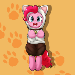 Size: 1000x1000 | Tagged: safe, artist:ushiro no kukan, pinkie pie, cat, g4, animal costume, bell, bell collar, bipedal, clothes, collar, costume, cute, diapinkes, female, paw prints, pinkie cat, solo