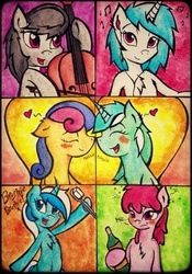 Size: 2434x3474 | Tagged: safe, artist:canvymamamoo, berry punch, berryshine, bon bon, dj pon-3, lyra heartstrings, minuette, octavia melody, sweetie drops, vinyl scratch, earth pony, pony, unicorn, semi-anthro, g4, alcohol, arm hooves, background six, belly button, bipedal, blushing, brushie, cello, chest fluff, drunk, female, high res, human shoulders, lesbian, musical instrument, ship:lyrabon, shipping