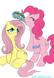 Size: 1200x1734 | Tagged: safe, artist:aoi takayuki, artist:whitecloud72988, fluttershy, pinkie pie, g4, female, floral head wreath, lesbian, mouth hold, ship:flutterpie, shipping