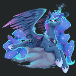 Size: 1000x1000 | Tagged: safe, artist:equum_amici, artist:santagiera, princess luna, alicorn, pony, g4, animated, cinemagraph, cloud, female, glowing horn, horn, looking up, lying, magic, mare, prone, simple background, smiling, solo, spread wings, wings
