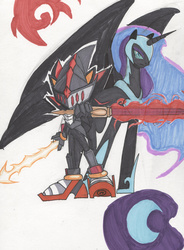 Size: 1280x1736 | Tagged: safe, artist:chaosknight, nightmare moon, g4, armor, crossover, lancelot (sonic the hedgehog), male, patapon, shadow the hedgehog, sonic and the black knight, sonic the hedgehog (series), sword, traditional art