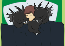 Size: 2604x1862 | Tagged: safe, artist:badumsquish, derpibooru exclusive, oc, oc only, oc:anon, oc:generic messy hair anime anon, changeling, human, g4, ambiguous gender, bed, cuddle puddle, cuddlebug, cuddling, cute, cuteling, group, harem, human on changeling snuggling, male, pillow, sleeping, smiling, snuggling