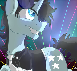 Size: 1500x1387 | Tagged: safe, artist:zaphyray, neon lights, rising star, pony, unicorn, g4, clothes, looking back, male, necktie, neon, shirt, solo, stallion, sunglasses