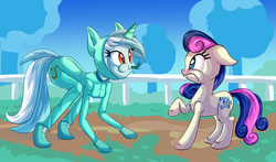 Size: 3000x1758 | Tagged: safe, artist:discorded, bon bon, lyra heartstrings, sweetie drops, equestria girls, bodysuit, bon bon is not amused, chest fluff, clothes, costume, humans doing horse things, lyra doing lyra things, pony costume, raised hoof, wat, wide eyes