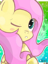 Size: 360x480 | Tagged: safe, artist:yioyio, fluttershy, g4, blush sticker, blushing, cute, female, portrait, shyabetes, solo, wink