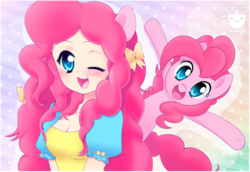 Size: 1024x704 | Tagged: dead source, safe, artist:framboosi, pinkie pie, human, pony, g4, bow, colored pupils, cute, diapinkes, eared humanization, hair bow, heart eyes, human ponidox, humanized, moe, open mouth, self ponidox, wingding eyes