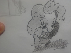 Size: 2560x1920 | Tagged: safe, artist:jofca, pinkie pie, equestria girls, g4, female, monochrome, perspective, smiling, solo, traditional art