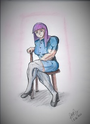 Size: 2550x3507 | Tagged: safe, artist:pandatarius, maud pie, human, g4, amazonian, clothes, high res, humanized, looking at you, maud pump, muscles, sitting, stockings, thigh highs, traditional art