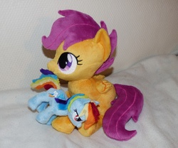 Size: 3513x2929 | Tagged: safe, artist:epicrainbowcrafts, rainbow dash, scootaloo, pegasus, pony, g4, blank flank, female, filly, foal, folded wings, high res, irl, mare, photo, plushie, rainbow dash plushie, scootaloo plushie, sitting, wings