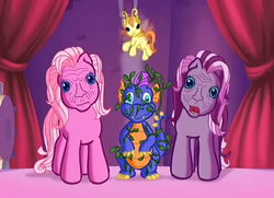 Size: 498x360 | Tagged: safe, edit, edited screencap, screencap, master kenbroath gilspotten heathspike, pinkie pie (g3), wysteria, zipzee, breezie, dragon, earth pony, pony, g3, the princess promenade, creepy, nightmare fuel, stare into your soul, wat, wrinkles