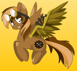 Size: 929x860 | Tagged: safe, artist:csox, oc, oc only, pegasus, pony, amputee, augmented, flying, goggles, looking at you, prosthetic limb, prosthetic wing, prosthetics, solo, steampunk