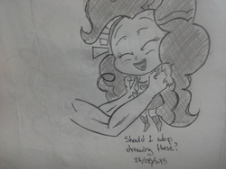 Size: 2560x1920 | Tagged: safe, artist:jofca, pinkie pie, equestria girls, g4, disembodied arm, disembodied hand, eyes closed, hand, holding, laughing, monochrome, traditional art