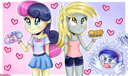 Size: 3000x1800 | Tagged: safe, artist:vixelzf, bon bon, derpy hooves, minuette, sweetie drops, equestria girls, g4, candy, clothes, cross-popping veins, equestria girls-ified, muffin, skirt, tank top, that pony sure does love muffins