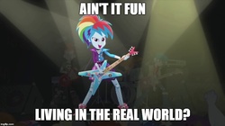 Size: 888x499 | Tagged: safe, crimson napalm, rainbow dash, thunderbass, valhallen, equestria girls, friendship through the ages, g4, my little pony equestria girls: rainbow rocks, ain't it fun, background human, female, image macro, meme, paramore, rainbow punk, rainbow sass, solo, song reference