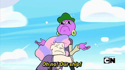 Size: 368x207 | Tagged: safe, edit, screencap, spike, sweetie belle, human, g4, caption, cartoon network, cartoon network logo, crossover, duo, duo male and female, female, harsher in hindsight, humanized, lars barriga, larsadie, male, sadie miller, say uncle, ship sinking, ship:spikebelle, shipping, steven universe, straight, uncle grandpa