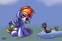 Size: 700x467 | Tagged: safe, artist:tadashi--kun, rainbow dash, duck, mallard, pegasus, pony, g4, cute, dashabetes, duck bill, duo, female, literal duck face, male, mare, pond, rainbow duck, rainbow goose