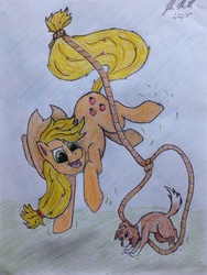Size: 960x1280 | Tagged: safe, artist:twitchytail, applejack, winona, g4, colored pencil drawing, lasso, lasso tricks, traditional art