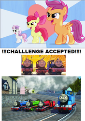 Size: 643x915 | Tagged: safe, apple bloom, scootaloo, sweetie belle, flight to the finish, g4, my little pony: friendship is magic, bert, challenge accepted, cutie mark crusaders, hearts as strong as horses, mike, never overlook a little engine, rex (thomas the tank engine), thomas the tank engine