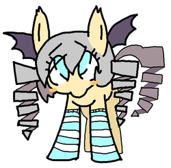 Size: 547x536 | Tagged: safe, artist:archeryves, oc, oc only, oc:stevepotter, bat pony, pony, blush sticker, blushing, clothes, cross-eyed, cute, drill hair, looking up, simple background, socks, solo, spread wings, striped socks, white background