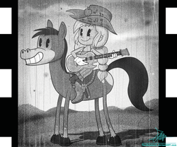 Size: 944x787 | Tagged: safe, artist:the-butch-x, applejack, horse, equestria girls, friendship through the ages, g4, acoustic guitar, black and white cartoon, country applejack, grin, guitar, monochrome, musical instrument, old timey, oldschool cartoon, pac-man eyes, retro, rubber hose animation, rubber hose style, sleeveless, smiling, style emulation