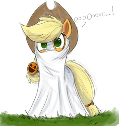 Size: 1500x1590 | Tagged: safe, artist:ncmares, applejack, earth pony, ghost, pony, g4, 2spooky, bedsheet ghost, costume, cute, dialogue, female, grass, hat, jackabetes, mare, nightmare night, sheet, solo