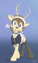 Size: 626x1024 | Tagged: safe, artist:pexpy, oc, oc only, oc:pexpy, deer, clothes, crossdressing, duster, fishnet stockings, looking at you, maid, male, panties, pink underwear, solo, underwear