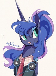 Size: 2210x3000 | Tagged: safe, artist:rocy canvas, princess luna, g4, clothes, female, headphones, high res, school uniform, simple background, solo, white background