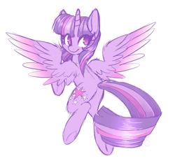 Size: 500x465 | Tagged: safe, artist:hawthornss, twilight sparkle, alicorn, pony, g4, female, flying, looking at you, looking back, mare, simple background, solo, twilight sparkle (alicorn), white background