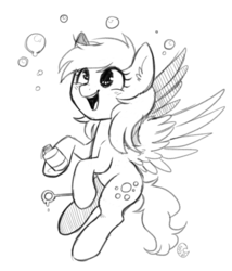 Size: 600x700 | Tagged: safe, artist:hawthornss, derpy hooves, pegasus, pony, g4, black and white, bubble, female, flying, grayscale, mare, monochrome, open mouth, sketch, smiling, solo
