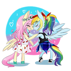 Size: 900x900 | Tagged: safe, artist:silbersternenlicht, fluttershy, rainbow dash, anthro, semi-anthro, g4, clothes, cute, dashabetes, dress, duo, female, kissing, lesbian, ship:flutterdash, shipping, shyabetes