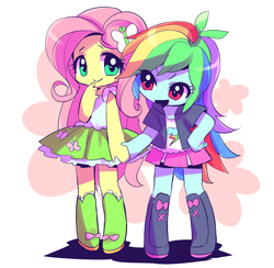 Size: 800x780 | Tagged: safe, artist:きゃらられな, fluttershy, rainbow dash, human, equestria girls, g4, chibi, clothes, duo, female, holding hands, lesbian, ship:flutterdash, shipping, skirt, smiling