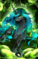 Size: 2200x3347 | Tagged: safe, artist:invidiata, queen chrysalis, changeling, changeling queen, g4, blushing, changeling hive, crossed hooves, crown, egg, fangs, female, high res, jewelry, lidded eyes, looking at you, lying down, mare, regalia, solo