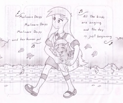 Size: 1974x1640 | Tagged: safe, artist:poseidonathenea, derpy hooves, human, equestria girls, g4, human ponidox, monochrome, ponidox world, singing, traditional art, walking