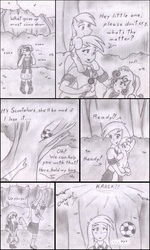 Size: 1911x3175 | Tagged: safe, artist:poseidonathenea, derpy hooves, sweetie belle, human, equestria girls, g4, comic, crying, football, human ponidox, monochrome, ponidox world, traditional art