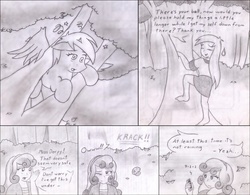 Size: 1959x1525 | Tagged: source needed, safe, artist:poseidonathenea, derpy hooves, sweetie belle, human, equestria girls, g4, barefoot, climbing, feet, human ponidox, missing shoes, monochrome, pencil drawing, ponidox world, stuck, traditional art, tree