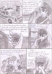 Size: 1517x2131 | Tagged: safe, artist:poseidonathenea, normal norman, officer pootang mang, starlight, human, pony, equestria girls, g4, background human, car, clothes, cute, eyes closed, human ponidox, kurt marshall, microphone, monochrome, open mouth, petting, police car, police officer, ponidox world, radio, sitting, smiling, traditional art